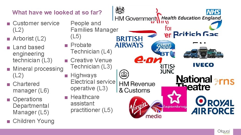 What have we looked at so far? ■ Customer service (L 2) ■ Arborist What have we looked at so far? ■ Customer service (L 2) ■ Arborist