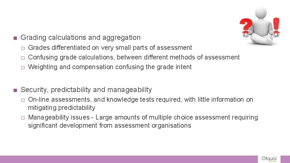 ■ Grading calculations and aggregation □ Grades differentiated on very small parts of assessment ■ Grading calculations and aggregation □ Grades differentiated on very small parts of assessment