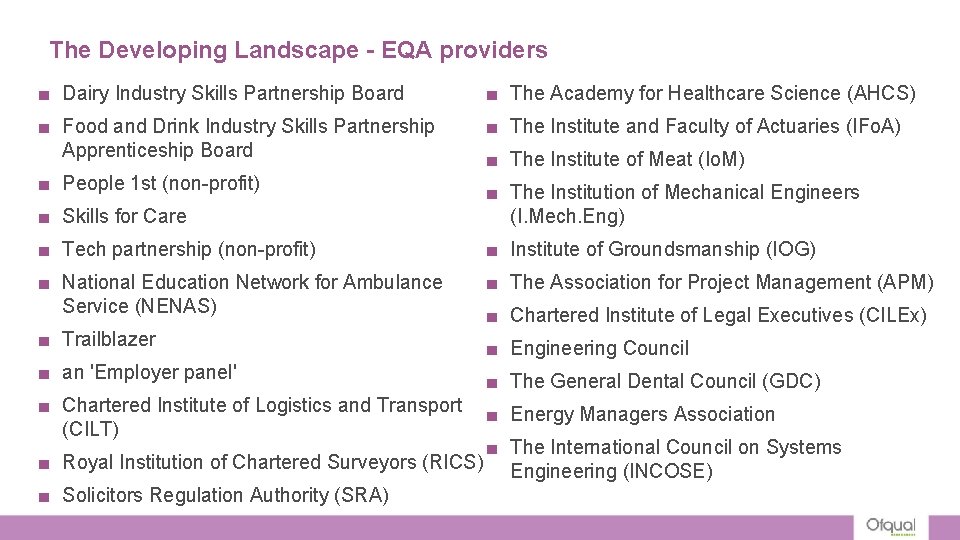 The Developing Landscape - EQA providers ■ Dairy Industry Skills Partnership Board ■ The The Developing Landscape - EQA providers ■ Dairy Industry Skills Partnership Board ■ The