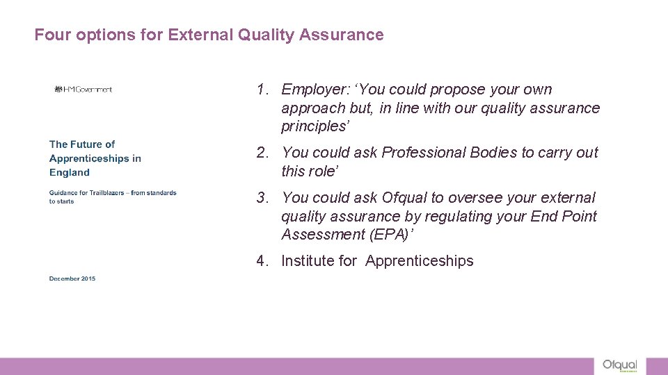 Four options for External Quality Assurance 1. Employer: ‘You could propose your own approach Four options for External Quality Assurance 1. Employer: ‘You could propose your own approach