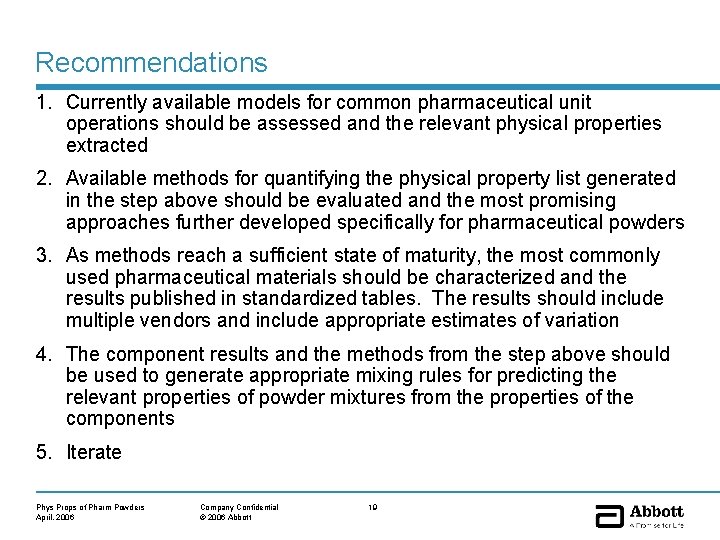 Recommendations 1. Currently available models for common pharmaceutical unit operations should be assessed and