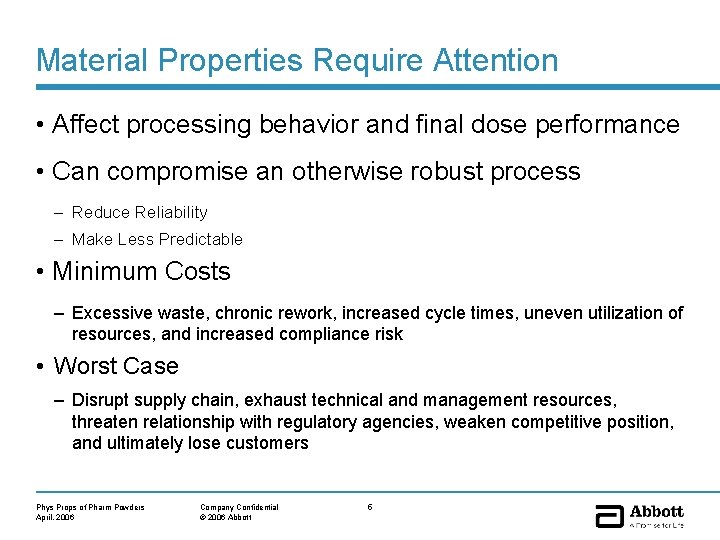 Material Properties Require Attention • Affect processing behavior and final dose performance • Can