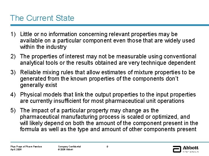 The Current State 1) Little or no information concerning relevant properties may be available