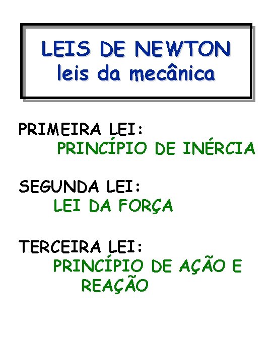 LEIS leis DE NEWTON da mecânica PRIMEIRA LEI: PRINCÍPIO DE INÉRCIA SEGUNDA LEI: LEI