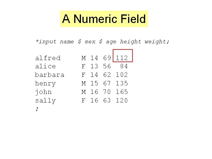 A Numeric Field *input name $ sex $ age height weight; alfred alice barbara