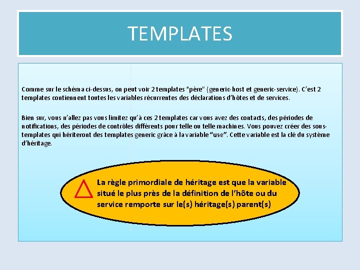 TEMPLATES Comme sur le schéma ci-dessus, on peut voir 2 templates “père” (generic-host et