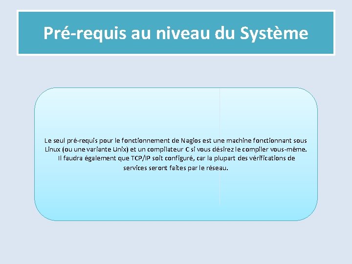 Pré-requis au niveau du Système Le seul pré-requis pour le fonctionnement de Nagios est