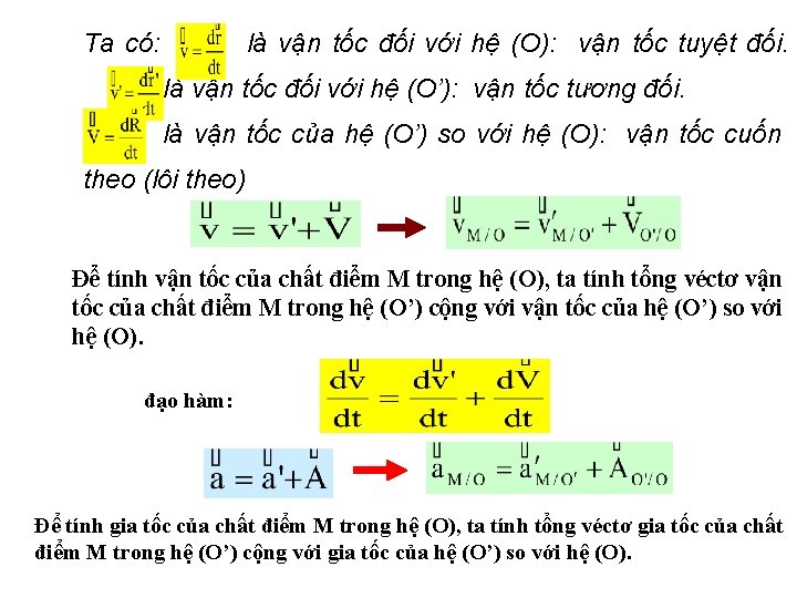 Ta có: là vận tốc đối với hệ (O): vận tốc tuyệt đối. là