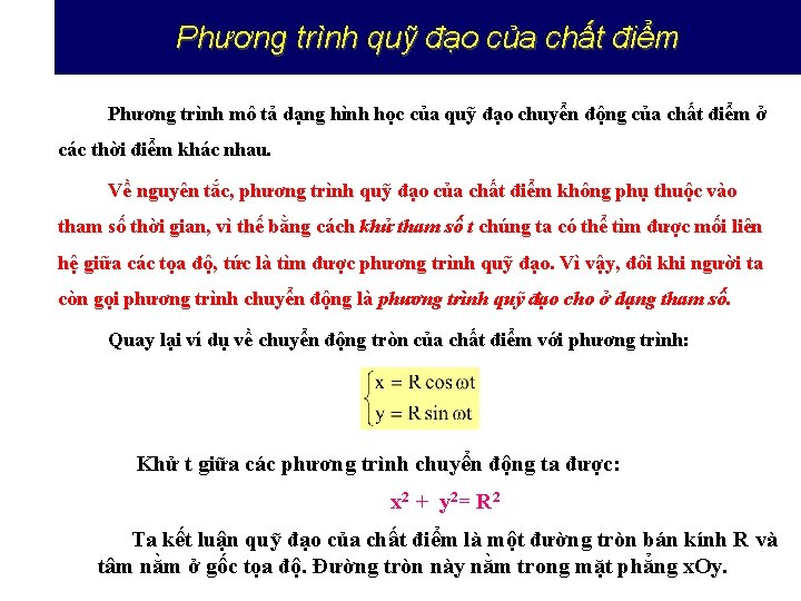 Phương trình quỹ đạo của chất điểm Phương trình mô tả dạng hình học