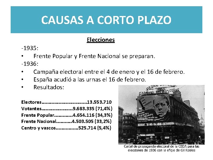 CAUSAS A CORTO PLAZO Elecciones -1935: • Frente Popular y Frente Nacional se preparan.