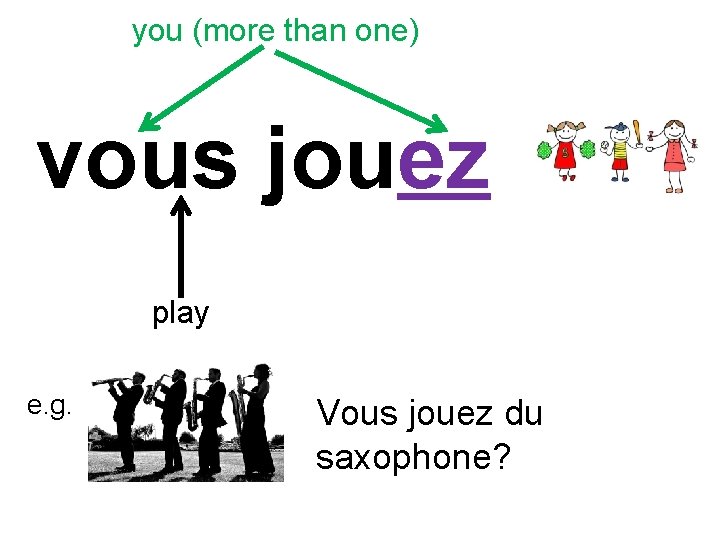you (more than one) vous jouez play e. g. Vous jouez du saxophone? 