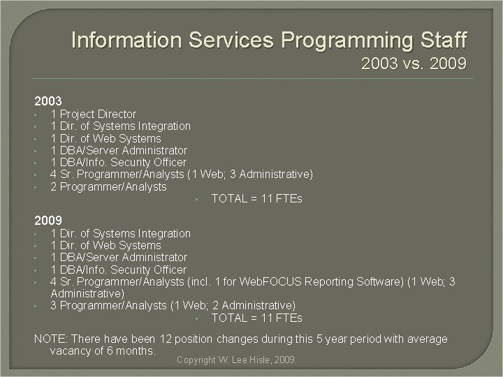 Information Services Programming Staff 2003 vs. 2009 2003 • • 1 Project Director 1