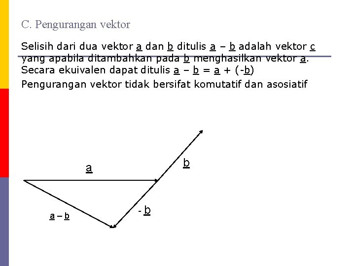 C. Pengurangan vektor Selisih dari dua vektor a dan b ditulis a – b