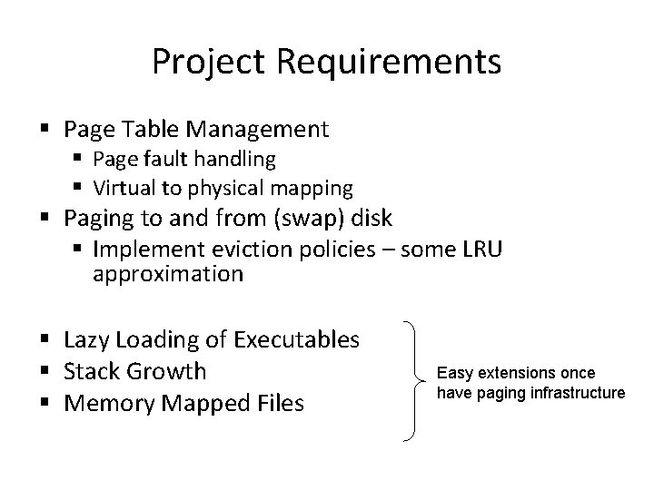 Project Requirements Page Table Management Page fault handling Virtual to physical mapping Paging to