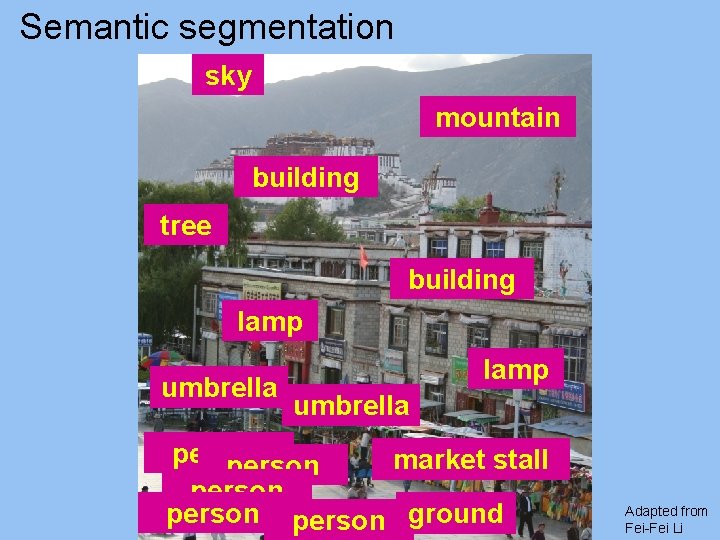 Semantic segmentation sky mountain building tree building lamp umbrella person market stall person ground