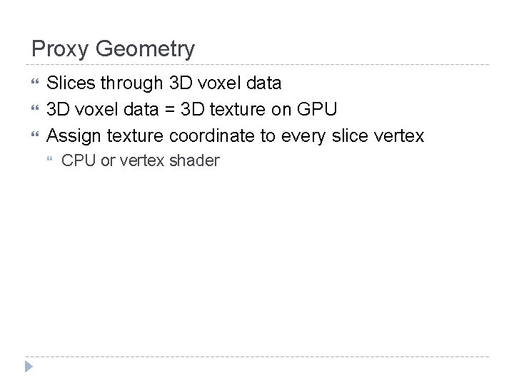 Proxy Geometry Slices through 3 D voxel data = 3 D texture on GPU