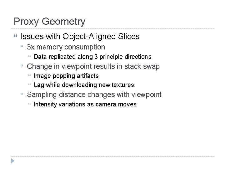Proxy Geometry Issues with Object-Aligned Slices 3 x memory consumption Change in viewpoint results