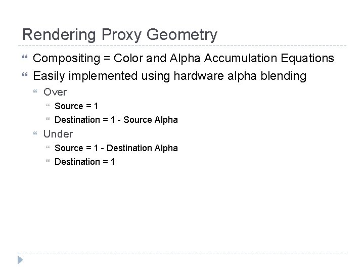 Rendering Proxy Geometry Compositing = Color and Alpha Accumulation Equations Easily implemented using hardware