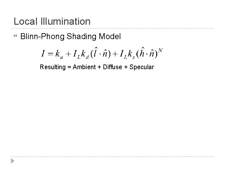 Local Illumination Blinn-Phong Shading Model Resulting = Ambient + Diffuse + Specular 