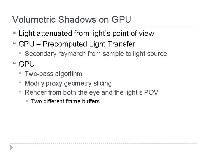 Volumetric Shadows on GPU Light attenuated from light’s point of view CPU – Precomputed