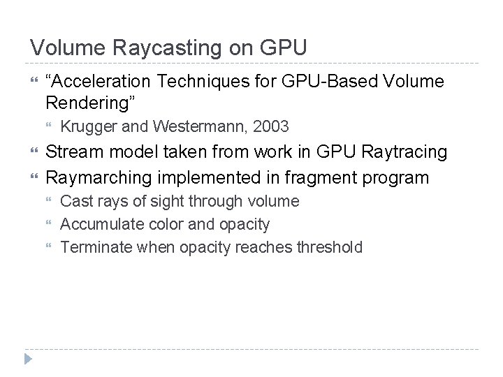 Volume Raycasting on GPU “Acceleration Techniques for GPU-Based Volume Rendering” Krugger and Westermann, 2003