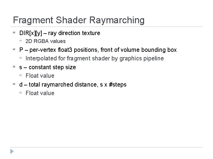 Fragment Shader Raymarching DIR[x][y] – ray direction texture 2 D RGBA values P –