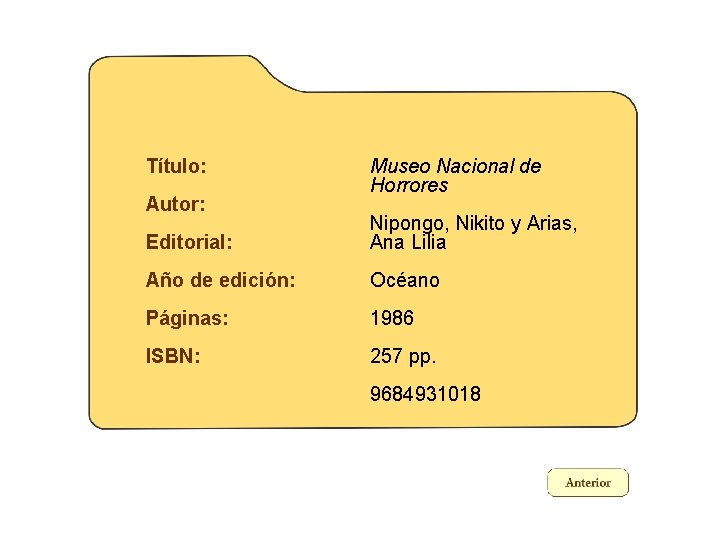 Título: Autor: Museo Nacional de Horrores Editorial: Nipongo, Nikito y Arias, Ana Lilia Año