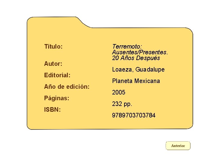 Título: Autor: Editorial: Año de edición: Páginas: ISBN: Terremoto: Ausentes/Presentes. 20 Años Después Loaeza,