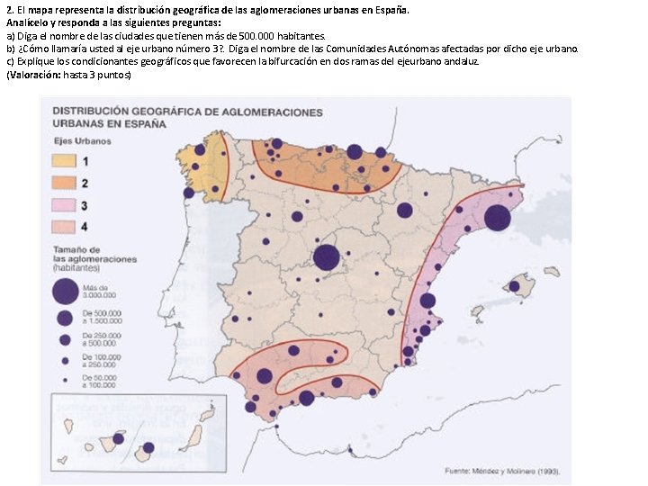 2. El mapa representa la distribución geográfica de las aglomeraciones urbanas en España. Analícelo