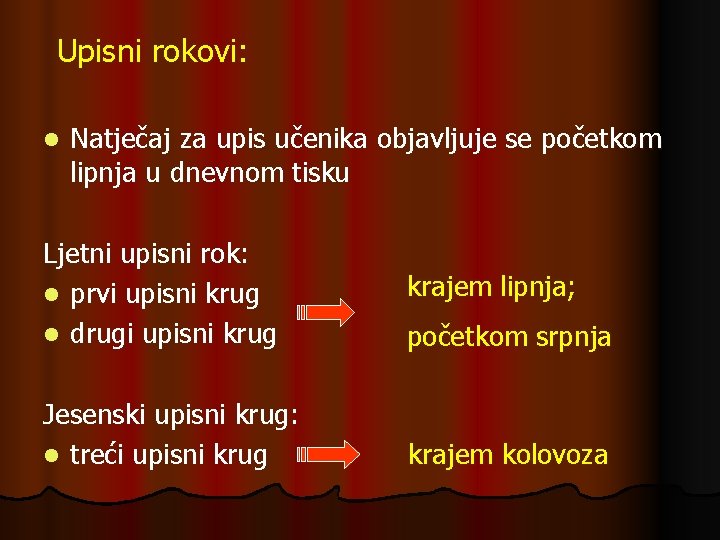 Upisni rokovi: l Natječaj za upis učenika objavljuje se početkom lipnja u dnevnom tisku