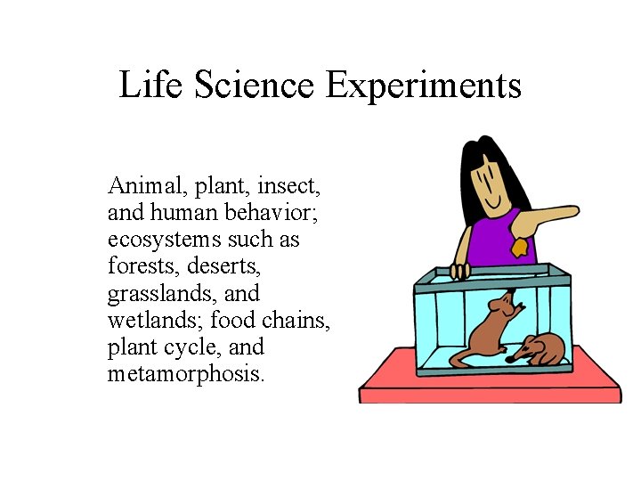 Life Science Experiments Animal, plant, insect, and human behavior; ecosystems such as forests, deserts,