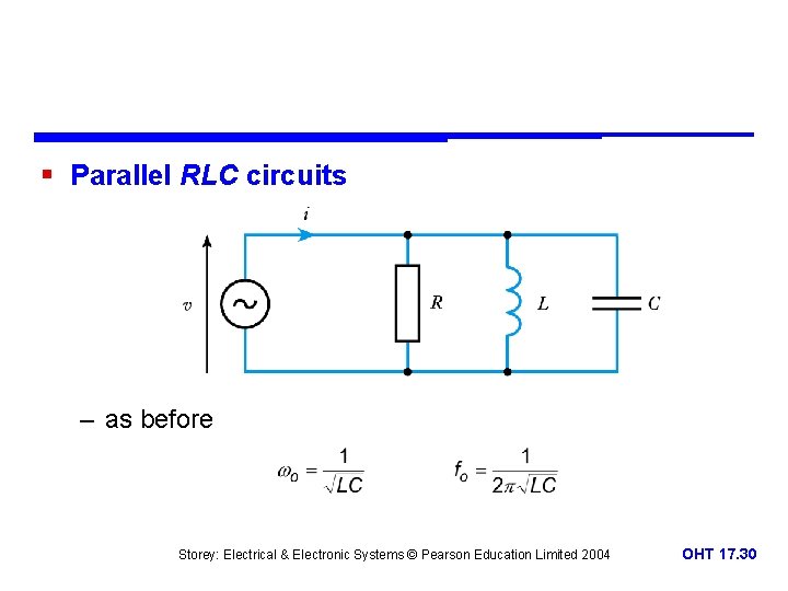 § Parallel RLC circuits – as before Storey: Electrical & Electronic Systems © Pearson