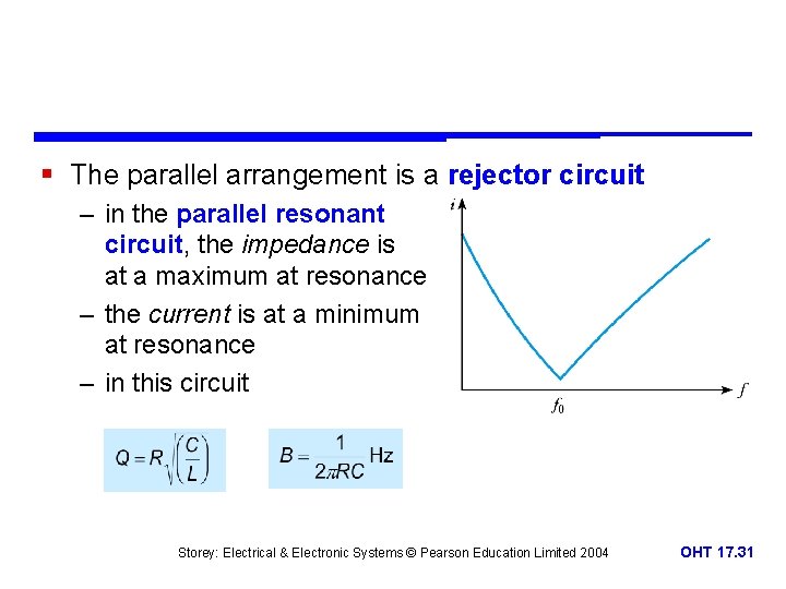 § The parallel arrangement is a rejector circuit – in the parallel resonant circuit,