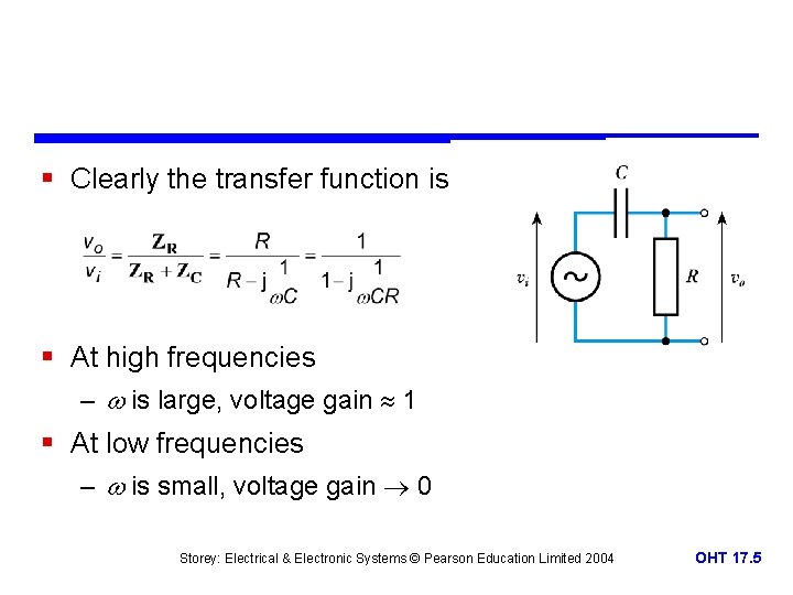 § Clearly the transfer function is § At high frequencies – is large, voltage