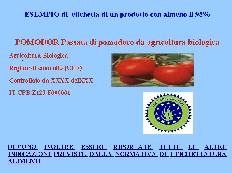 ESEMPIO di etichetta di un prodotto con almeno il 95% POMODOR Passata di pomodoro