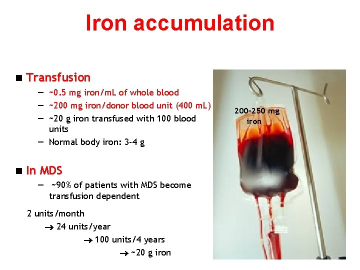 Iron accumulation n Transfusion — ~0. 5 mg iron/m. L of whole blood —