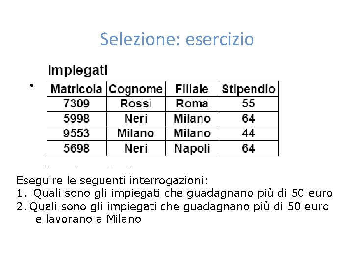 Selezione: esercizio • Data la seguente relazione: Eseguire le seguenti interrogazioni: 1. Quali sono