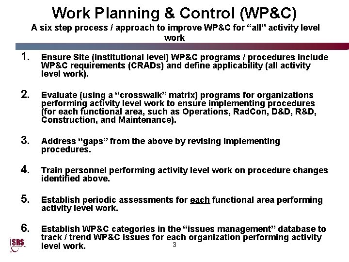 Work Planning & Control (WP&C) A six step process / approach to improve WP&C