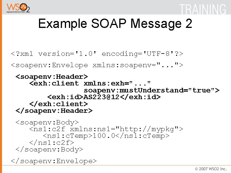 Example SOAP Message 2 <? xml version='1. 0' encoding='UTF-8'? > <soapenv: Envelope xmlns: soapenv=".