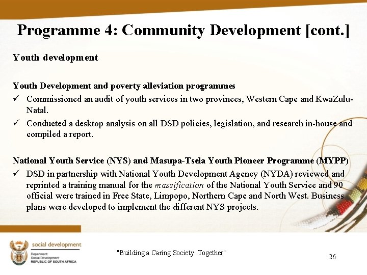 Programme 4: Community Development [cont. ] Youth development Youth Development and poverty alleviation programmes