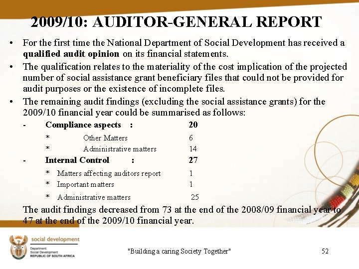 2009/10: AUDITOR-GENERAL REPORT • For the first time the National Department of Social Development