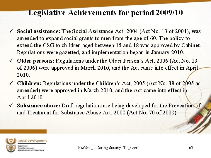 Legislative Achievements for period 2009/10 ü Social assistance: The Social Assistance Act, 2004 (Act
