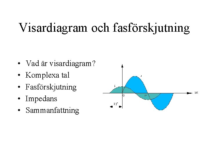 Visardiagram och fasförskjutning • • • Vad är visardiagram? Komplexa tal Fasförskjutning Impedans Sammanfattning