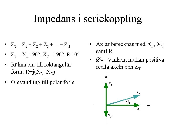 Impedans i seriekoppling • ZT = Z 1 + Z 2 + Z 3