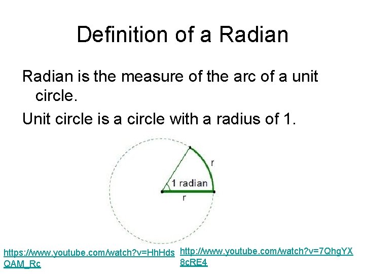 Definition of a Radian is the measure of the arc of a unit circle.