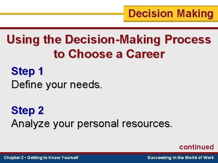 Decision Making Using the Decision-Making Process to Choose a Career Step 1 Define your