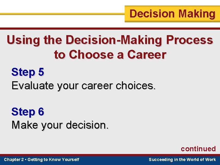 Decision Making Using the Decision-Making Process to Choose a Career Step 5 Evaluate your