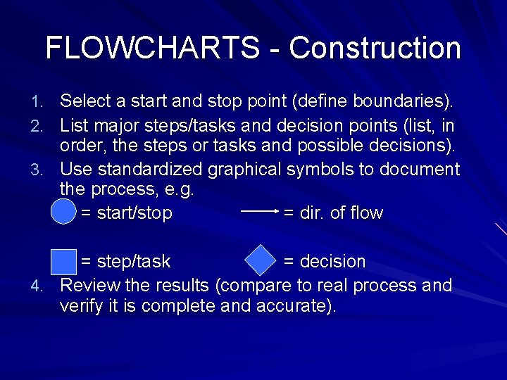 FLOWCHARTS - Construction 1. Select a start and stop point (define boundaries). 2. List