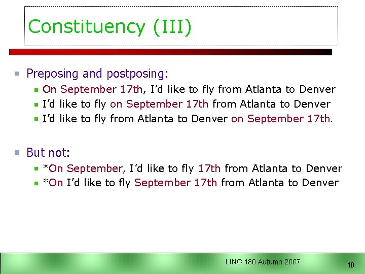 Constituency (III) Preposing and postposing: On September 17 th, I’d like to fly from