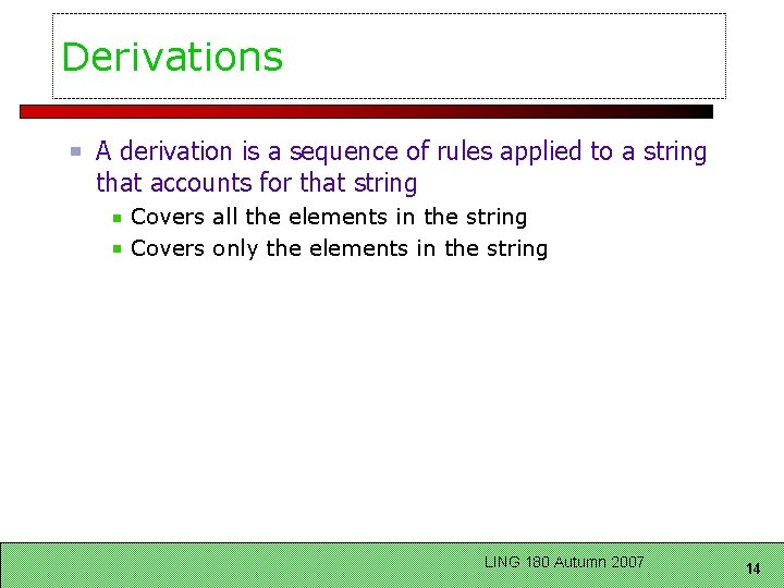 Derivations A derivation is a sequence of rules applied to a string that accounts